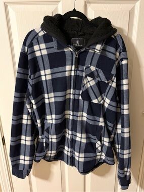 Kyodan Sherpa-Lined Plaid Shacket Hoodie Jacket Men’s Large Blue